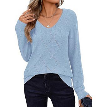 Zeagoo Women's Long Sleeve V Neck Knit Pullover Lightweight Crochet Casual Sweater Tops