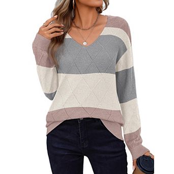 Zeagoo Women's Long Sleeve V Neck Knit Pullover Lightweight Crochet Casual Sweater Tops
