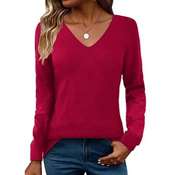 Zeagoo Women's Long Sleeve V Neck Knit Pullover Lightweight Crochet Casual Sweater Tops