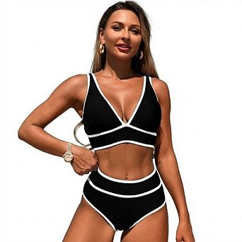 Women's High Waisted Bikini Sets Two Piece Swimsuits Color Block V Neck Bathing Suits