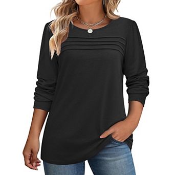 Zeagoo Women's Floral Long Sleeve Crewneck Pleated Tunic Tops Casual Fall Dressy Blouses