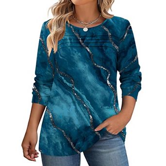 Zeagoo Women's Floral Long Sleeve Crewneck Pleated Tunic Tops Casual Fall Dressy Blouses