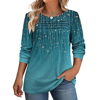 Zeagoo Women's Floral Long Sleeve Crewneck Pleated Tunic Tops Casual Fall Dressy Blouses