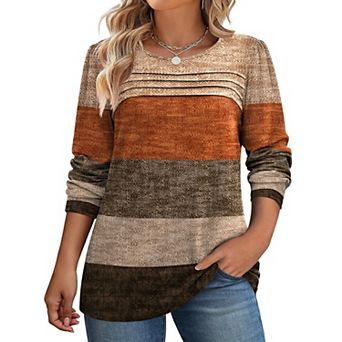 Zeagoo Women's Floral Long Sleeve Crewneck Pleated Tunic Tops Casual Fall Dressy Blouses