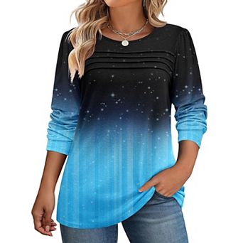 Zeagoo Women's Floral Long Sleeve Crewneck Pleated Tunic Tops Casual Fall Dressy Blouses