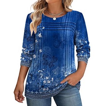 Zeagoo Women's Floral Long Sleeve Crewneck Pleated Tunic Tops Casual Fall Dressy Blouses