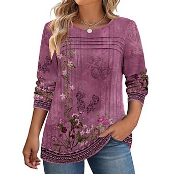 Zeagoo Women's Floral Long Sleeve Crewneck Pleated Tunic Tops Casual Fall Dressy Blouses