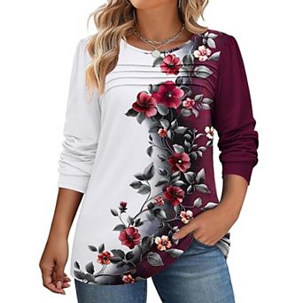 Zeagoo Women's Floral Long Sleeve Crewneck Pleated Tunic Tops Casual Fall Dressy Blouses
