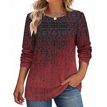 Zeagoo Women's Floral Long Sleeve Crewneck Pleated Tunic Tops Casual Fall Dressy Blouses