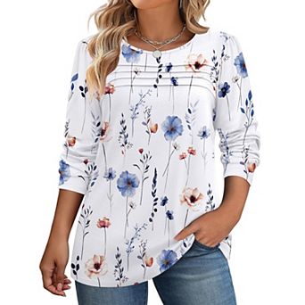 Zeagoo Women's Floral Long Sleeve Crewneck Pleated Tunic Tops Casual Fall Dressy Blouses