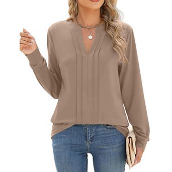 Zeagoo Women Dressy Long Sleeve Blouses Fall Henley V Neck Pleated Casual Tunics