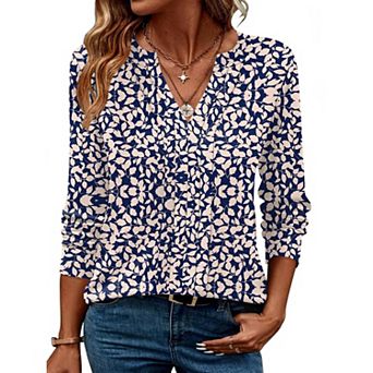 Zeagoo Women Dressy Long Sleeve Blouses Fall Henley V Neck Pleated Casual Tunics