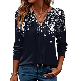 Zeagoo Women Dressy Long Sleeve Blouses Fall Henley V Neck Pleated Casual Tunics