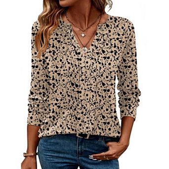 Zeagoo Women Dressy Long Sleeve Blouses Fall Henley V Neck Pleated Casual Tunics
