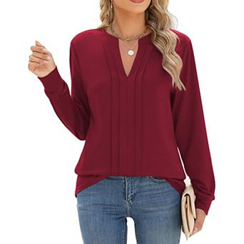 Zeagoo Women Dressy Long Sleeve Blouses Fall Henley V Neck Pleated Casual Tunics