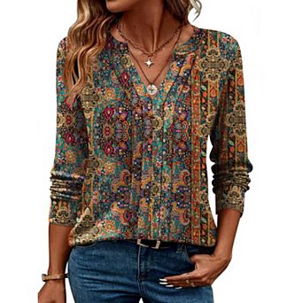 Zeagoo Women Dressy Long Sleeve Blouses Fall Henley V Neck Pleated Casual Tunics