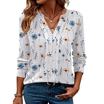 Zeagoo Women Dressy Long Sleeve Blouses Fall Henley V Neck Pleated Casual Tunics