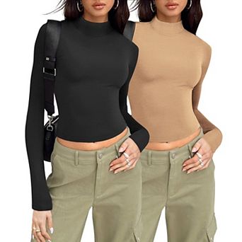 Zeagoo Women's Turtleneck Long Sleeve Crop Tops, Slim Fitting Mock Neck Layering Tees