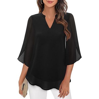 Women's 3/4 Sleeve Chiffon Blouse Casual V-Neck Petal Flowy Office Tops