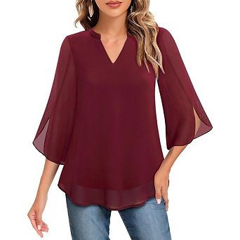 Women's 3/4 Sleeve Chiffon Blouse Casual V-Neck Petal Flowy Office Tops
