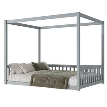Pnronnc Full Size Canopy Bed No Slat Floor Bed with Fence, Montessori House Poster Bed