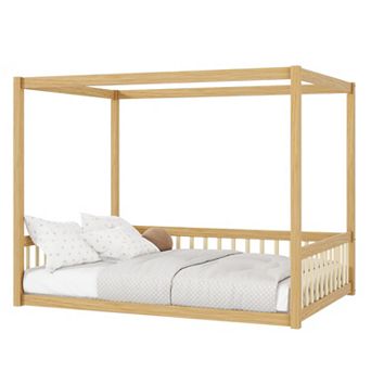 Pnronnc Full Size Canopy Bed No Slat Floor Bed with Fence, Montessori House Poster Bed