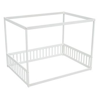 Pnronnc Full Size Canopy Bed No Slat Floor Bed with Fence, Montessori House Poster Bed