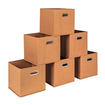 6 pc Foldable Fabric Storage Bins Poly-woven Chipboard Grommet Handle Stackable Gift Basket