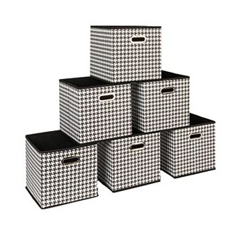 6 pc Foldable Fabric Storage Bins Poly-woven Chipboard Grommet Handle Stackable Gift Basket