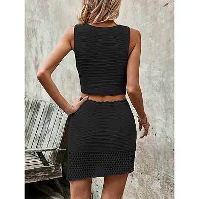 Women's 2 Piece Crochet Knit Set, V-Neck Sleeveless Button Top & Drawstring Mini Skirt Outfit