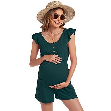 Women's Maternity Tank Romper Crew Neck Button Front Jumpsuit Ruffled Sleeves High Waist