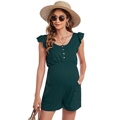 Women's Maternity Tank Romper Crew Neck Button Front Jumpsuit Ruffled Sleeves High Waist