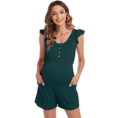 Women's Maternity Tank Romper Crew Neck Button Front Jumpsuit Ruffled Sleeves High Waist