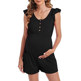 Women's Maternity Tank Romper Crew Neck Button Front Jumpsuit Ruffled Sleeves High Waist
