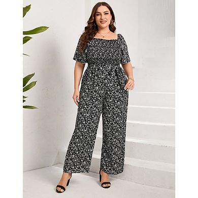 Womens Plus Size Casual Summer Jumpsuits Square Neck Ruffle Short Sleeve Wide Leg with Pockets