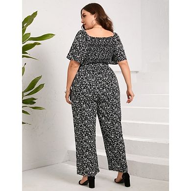 Womens Plus Size Casual Summer Jumpsuits Square Neck Ruffle Short Sleeve Wide Leg with Pockets