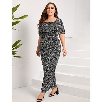 Womens Plus Size Casual Summer Jumpsuits Square Neck Ruffle Short Sleeve Wide Leg with Pockets