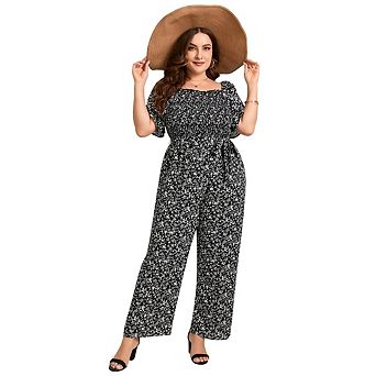 Womens Plus Size Casual Summer Jumpsuits Square Neck Ruffle Short Sleeve Wide Leg with Pockets