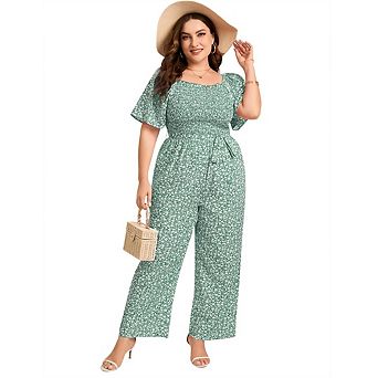 Womens Plus Size Casual Summer Jumpsuits Square Neck Ruffle Short Sleeve Wide Leg with Pockets