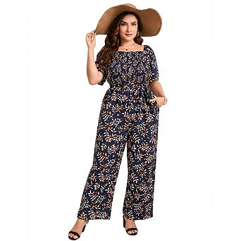 Womens Plus Size Casual Summer Jumpsuits Square Neck Ruffle Short Sleeve Wide Leg with Pockets