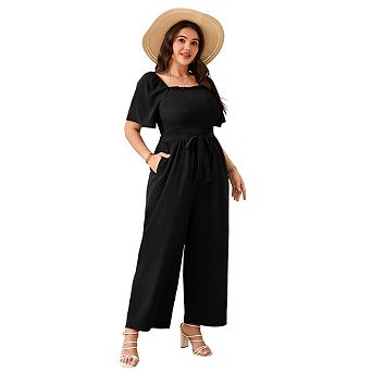 Womens Plus Size Casual Summer Jumpsuits Square Neck Ruffle Short Sleeve Wide Leg with Pockets