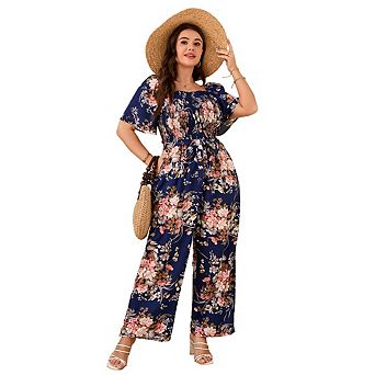 Womens Plus Size Casual Summer Jumpsuits Square Neck Ruffle Short Sleeve Wide Leg with Pockets