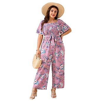 Womens Plus Size Casual Summer Jumpsuits Square Neck Ruffle Short Sleeve Wide Leg with Pockets