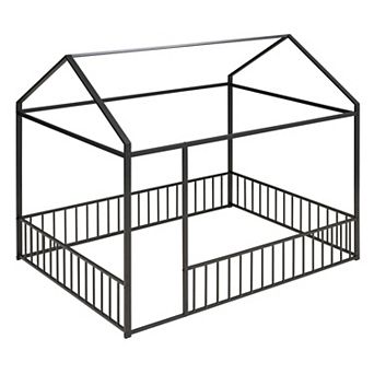 Pnronnc Metal House-shaped Bed Frame with Fence, No Slats, Toddler Floor House Bed