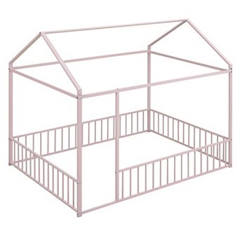 Pnronnc Metal House-shaped Bed Frame with Fence, No Slats, Toddler Floor House Bed