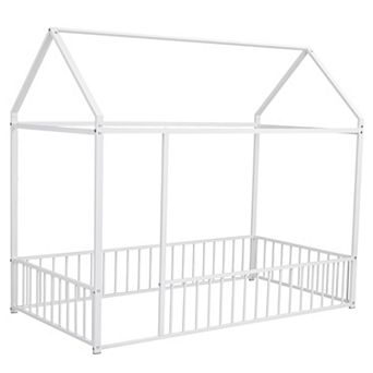 Pnronnc Metal House-shaped Bed Frame with Fence, No Slats, Toddler Floor House Bed