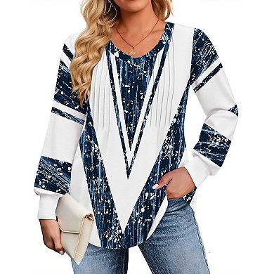 Zeagoo Women's Boho Long Sleeve V Neck Pleated Flowy Tunic Blouses Casual Fall Tops