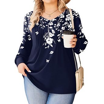 Zeagoo Women's Boho Long Sleeve V Neck Pleated Flowy Tunic Blouses Casual Fall Tops