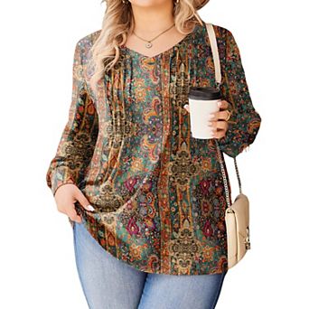 Zeagoo Women's Boho Long Sleeve V Neck Pleated Flowy Tunic Blouses Casual Fall Tops