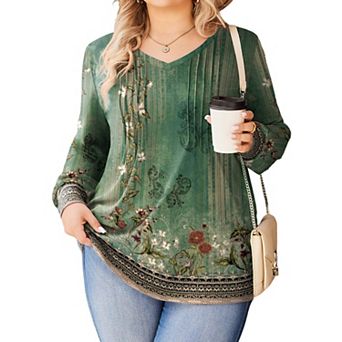 Zeagoo Women's Boho Long Sleeve V Neck Pleated Flowy Tunic Blouses Casual Fall Tops